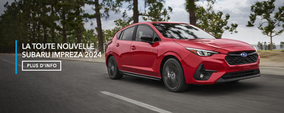 La toute nouvelle Subaru Impreza 2024 à hayon : un style extérieur plus racé, de nouvelles technologies branchées comme l'écran tactile de 11,6 po et une nouvelle version sportive RS avec un moteur BOXER® SUBARU de 182 chevaux.
